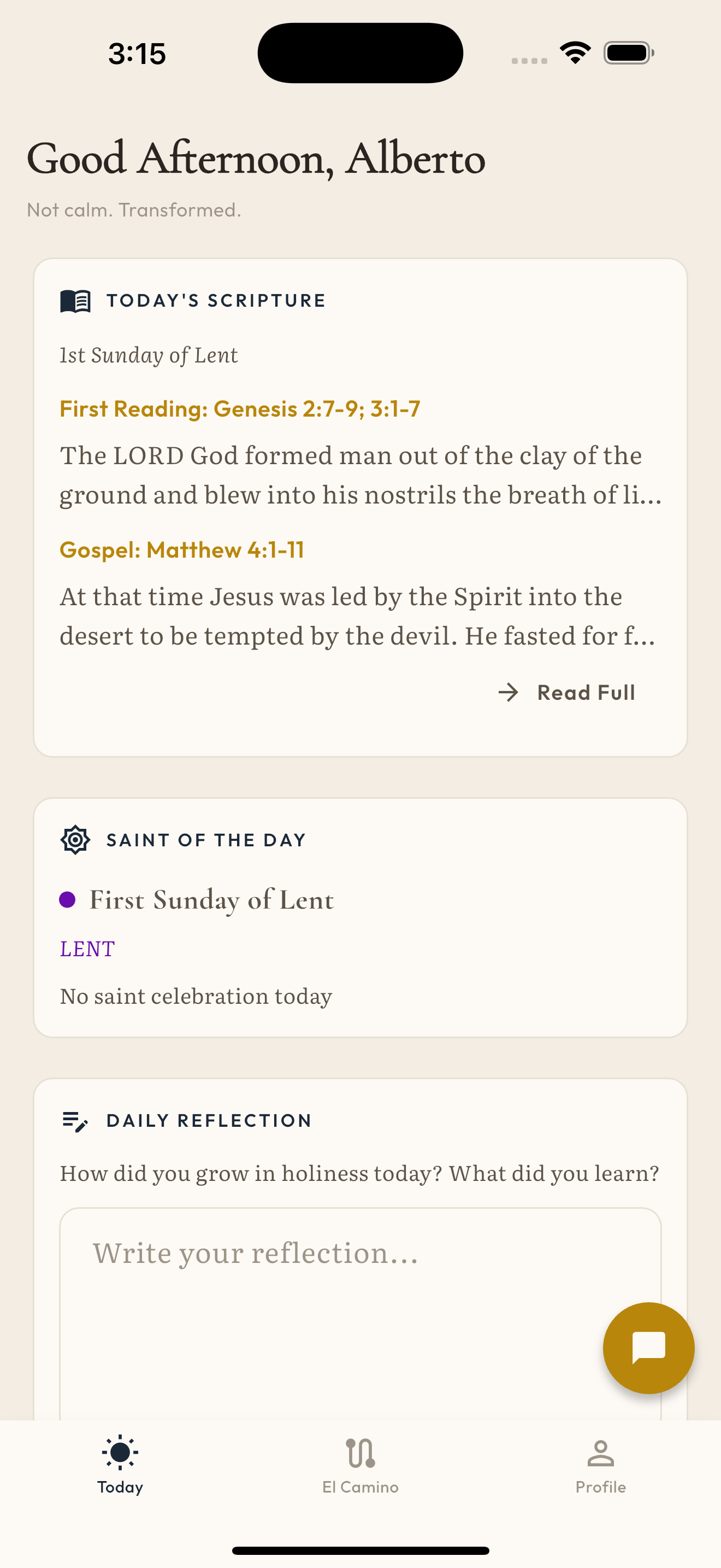 Today screen — daily Scripture, saint wisdom, and formation activities