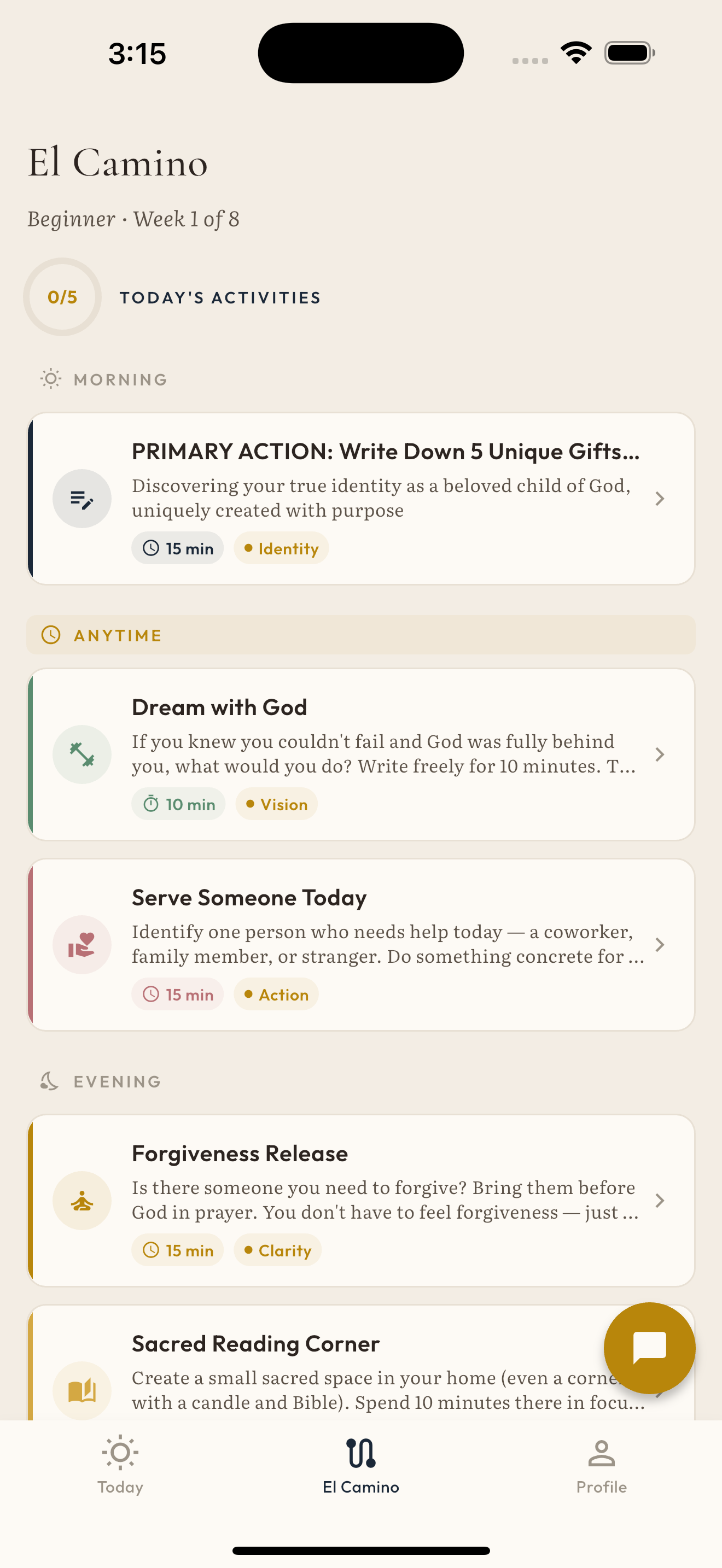 El Camino formation journey with morning, anytime, and evening activities