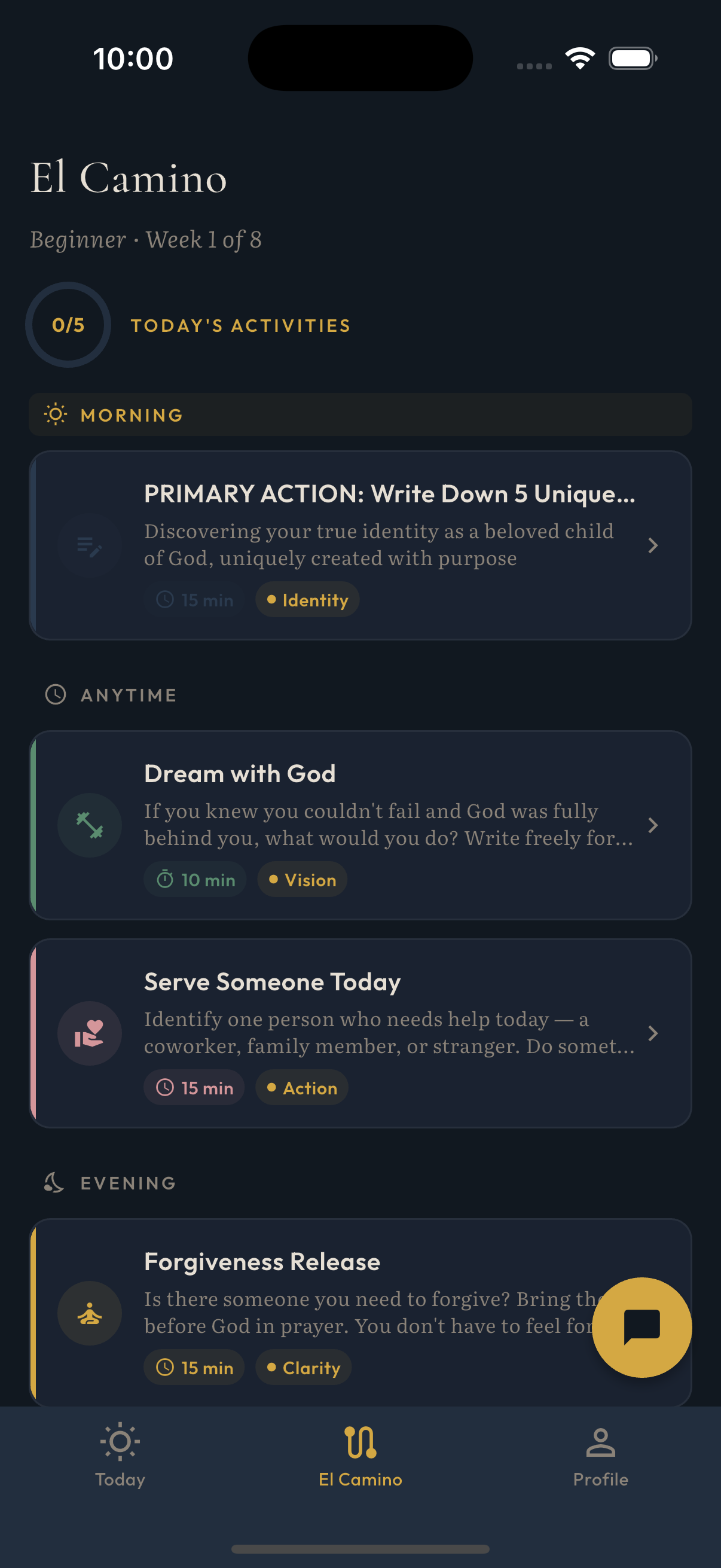 Phos app — El Camino formation journey with daily activities